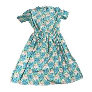 Vintage Leslie Fay Midi Fit & Flare Dress Womens Blue Pink Floral Short Sleeve